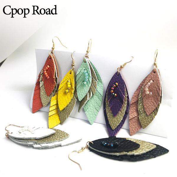 

three layers genuine leather earrings for women fashion leaf earrings fashion jewelry female ear drop accessories gifts trendy 2020 jewelry, Silver
