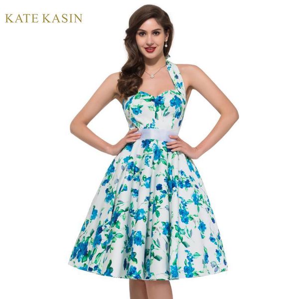 

kate kasin women vintage 1950s halter cocktail party swing dress with sash pleated flared a-line dress summer print midi dresses, Black;gray