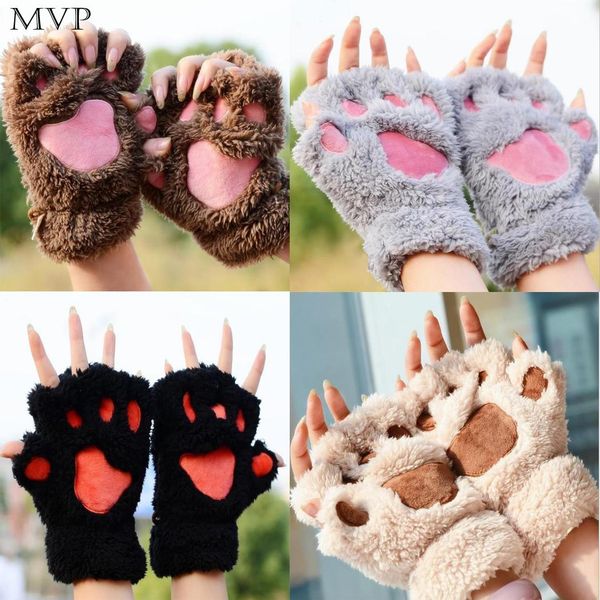 

cat claw cute plush gloves winter thick fall and women warm half-finger cartoon gloves casual, Blue;gray