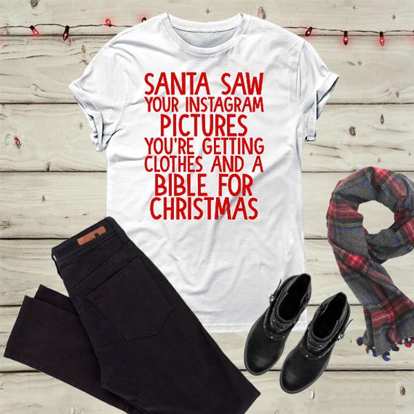 

tumblr hipster short sleeve merry christmas red letter outfits santa saw your picture funny christmas t-shirt slogan, White