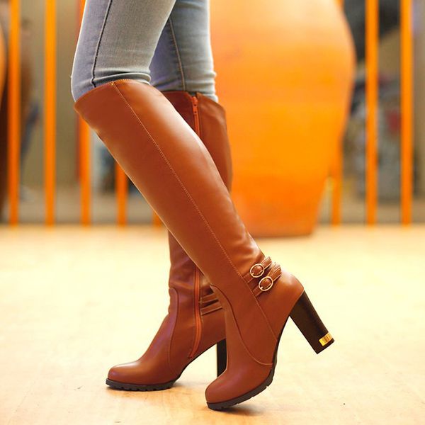 

winter warm fur knee high boots womens snow boots high heels side zipper female shoes black brown apricot large size c125