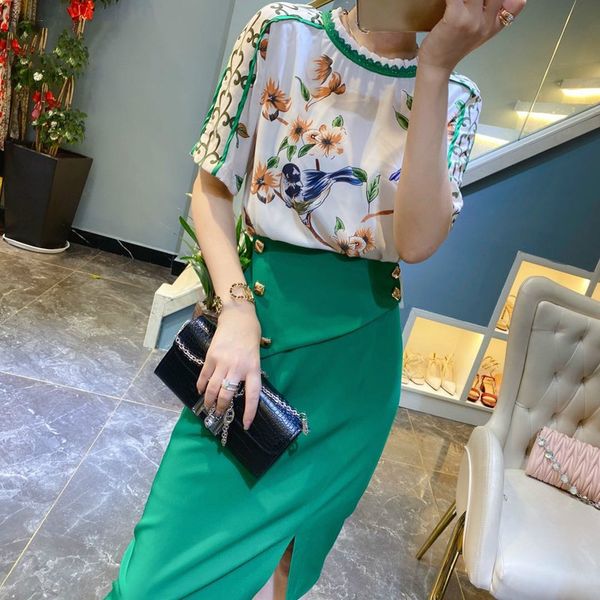 

lady summer set 2 piece clothing set 2020 new fashion designer women floral print loose shirt and skirt matching work outfit, White