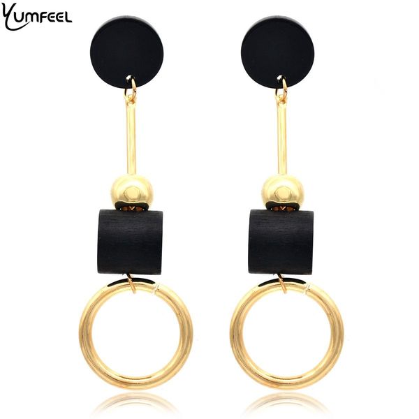 

yumfeel new costume jewelry earrings metal with black wood and acrylic long earrings for women accessory, Golden