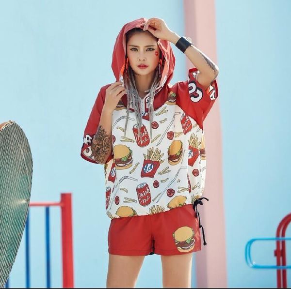

new funny women set zip hooded windbreaker coat and shorts suit printed snacks hamburger 2 piece set hip hop dance clothes, White