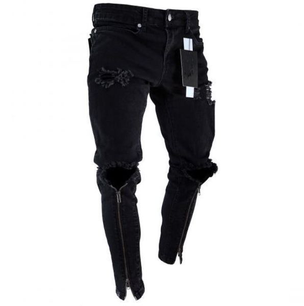 

Mens Zipper Holes Designer Jeans Black Ripped Slim Fit Represen Pencil Pants