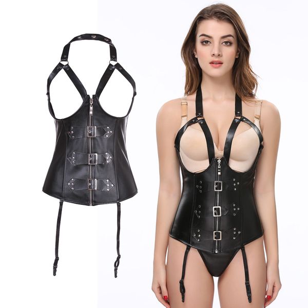 

2020 new fashion women black lingerie lingeries eveningwear zipper buckle leather vest waist training corset night wear 0820, Black;white