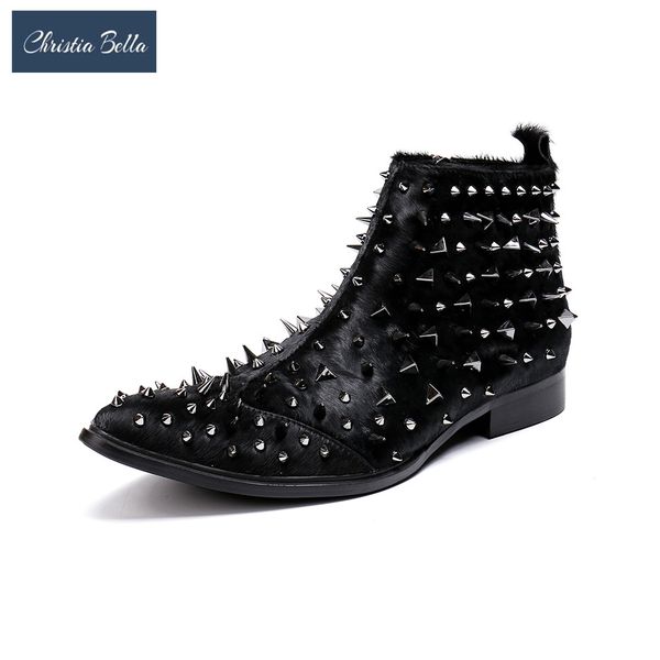 

christia bella reviet pointed toe man boots fashion winter large size formal dress boots black zip nightclub real leather shoes