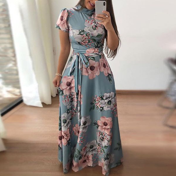 

plus size women boho maxi floral print long dress cocktail party a line sundress, Black;gray