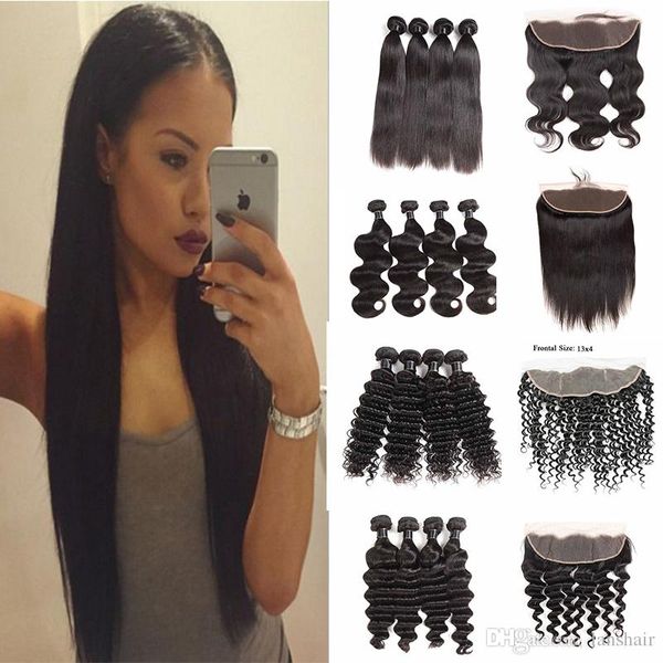 

9а норка перуанской объемной волна связка прямого человеческих волос с кружевом фронтального перуанского virgin extensions волоса с 13x4 lac, Black;brown