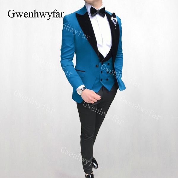 Gwenhwyfar Pfau Blau Groomsmen Peak Schwarz Samt Revers Bräutigam Smoking Männer Anzüge Hochzeit Trauzeuge Blazer set (Jacke + hosen + Weste)