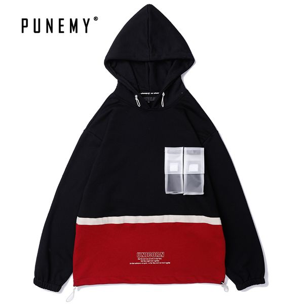 

men hoodies hoody patchwork pvc pockets vintage oversize hoody hip hop harajuku japanese streetwear hooded hoodies for man's, Black
