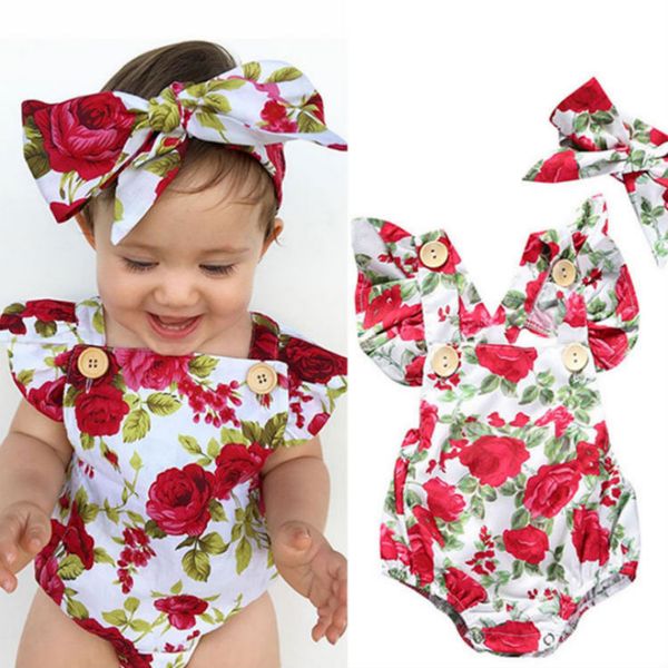 

wholesale baby girl spaghetti straps halter romper + headbamd jumpsuit floral sunsuit outfits 2 pieces set for christmas, Blue