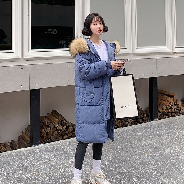 

large wool collar down cotton padded jacket new winter 2019 cotton padded bread medium long jacket thickened coat, Black