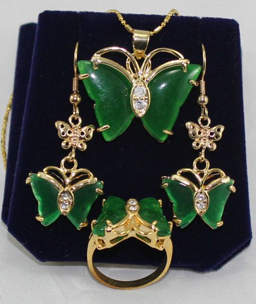 

beautiful green jade butterfly earrings pendant ring size 7 8 9 #, Black