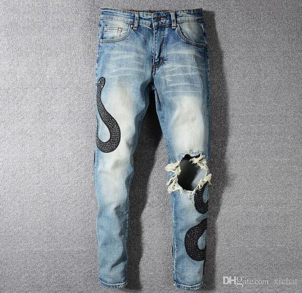 

mens badge snake twine blue skinny jeans fashion designer distressed slim fit motorcycle biker hole beggar hip hop denim pants 568