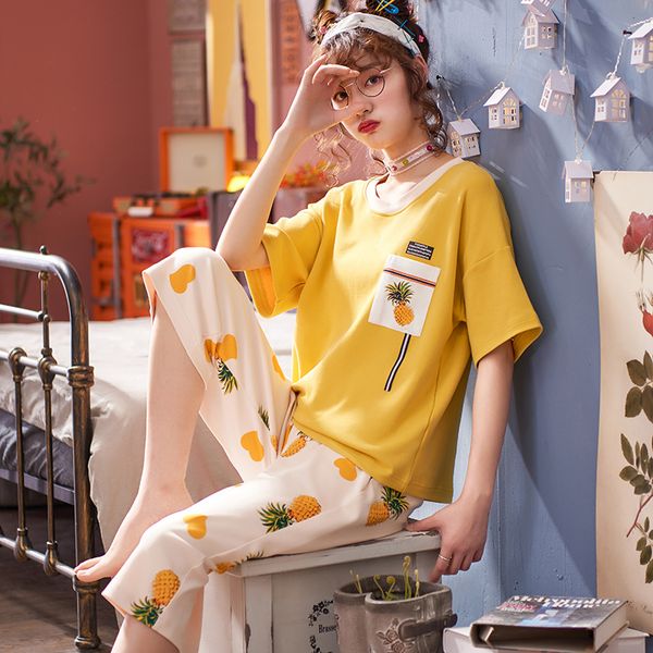 

sleepwear female summer short-sleeved seven-cent pants pure cotton thin lovely student loose summer home clothes two-piece suit, Blue;gray