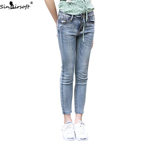 

autumn new retro stretch slim thin points bottom waist jeans woman cotton trend comfortable white straight denim pants women, Blue