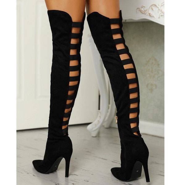 

new women shoes high heels over the knee boots hollow out ladies thigh high boots black pointed toe stiletto long