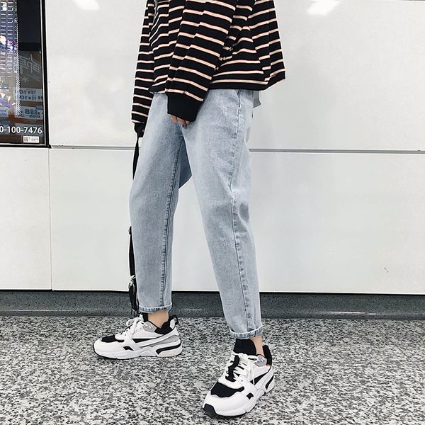 

men's jeans 2021 large size winter simple loose version neutral casual solid color street feet nine points, Blue