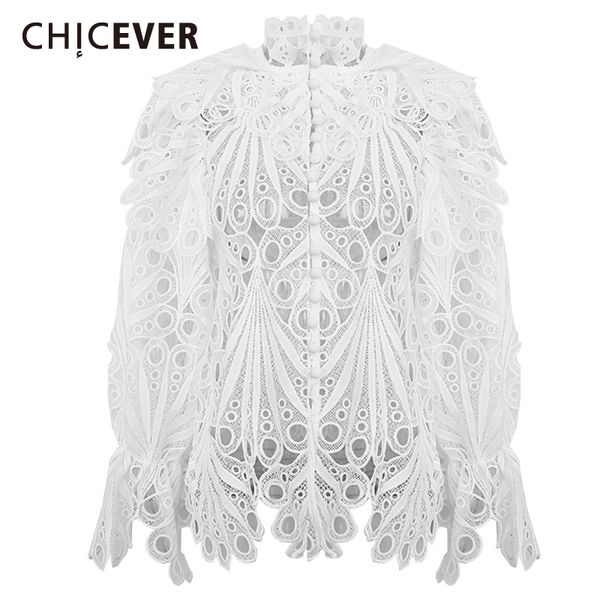 

chicever hollow out polka dots shirts female turtleneck flare long sleeve vintage irregular blouse women fashion clothes new, White