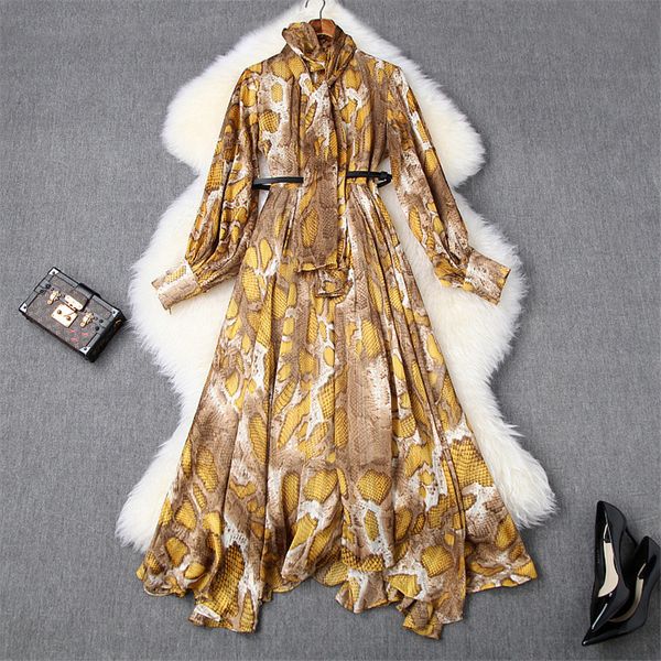 

2020 new woman clothes fashion runway spring dress elegant long sleeve snakeskin print vintage irregular holiday chiffon dress, Black;gray