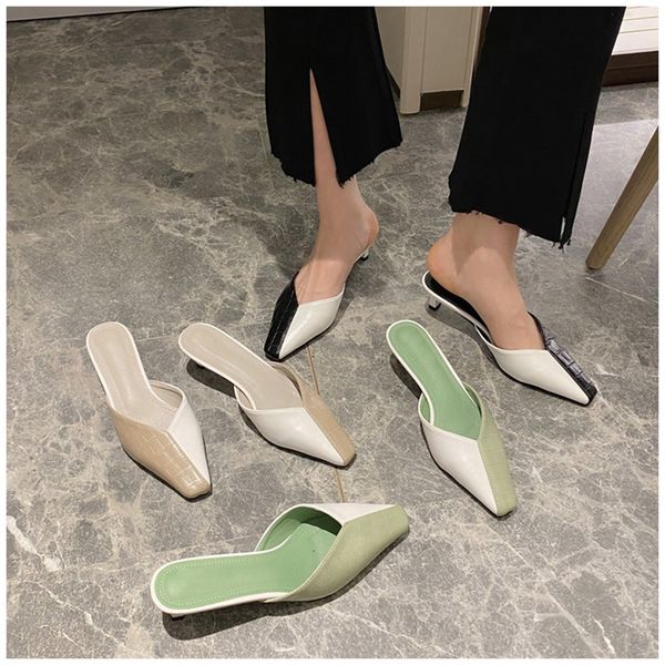 

2020 new summer mules shoes women mix color low heels slipper slip on casual shallow mouth outside slide shoes, Black