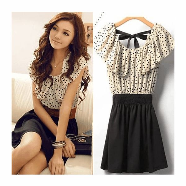 

Summer Women dresses Chiffon Polka Dots female flower Dresses Draped Short Sleeve Bow Tie girl sexy beach Vestidos A-line