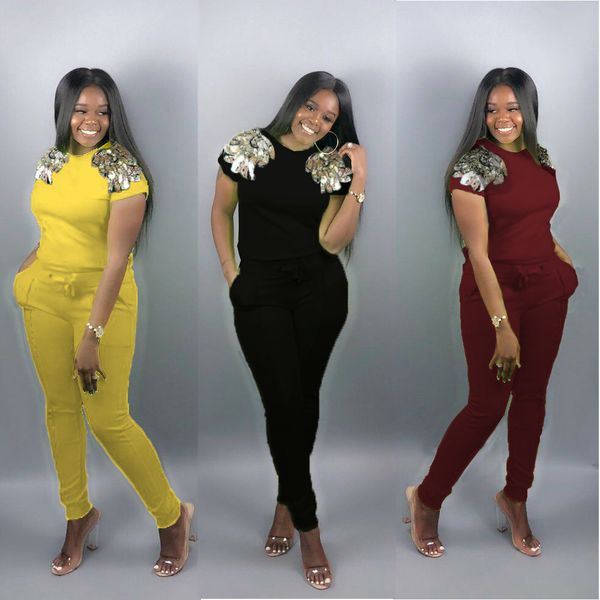 

2019 summer fashion trend o-neck short sequin t-shirt with pants casual women suits tow piece outfits, White