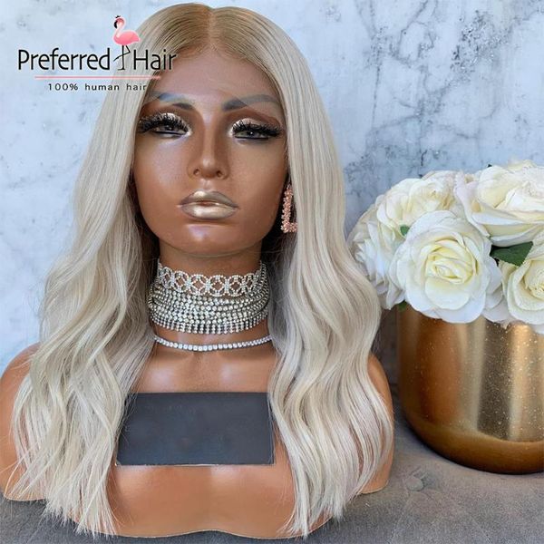 

preferred 10-16"platinum blonde ombre human hair wig remy pre plucked ash blonde highlights lace front human hair wigs for women, Black;brown