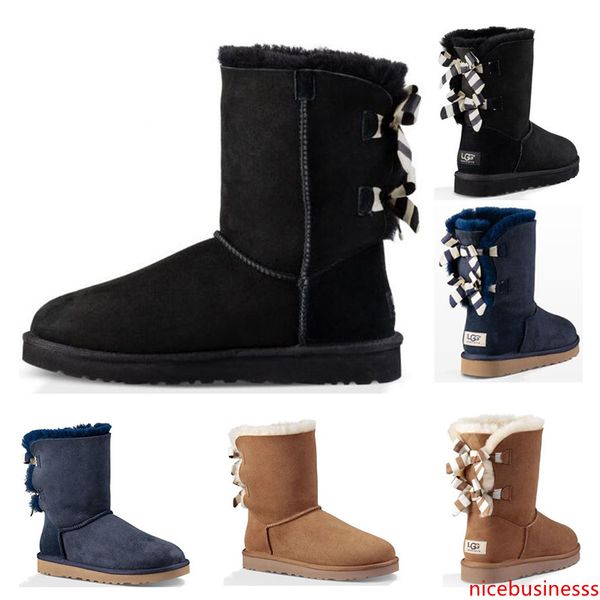 

new fashion real leather wgg boots black chestnut grey women ankle snow boots hand wool bailey bows luxury female platform boots us5-10