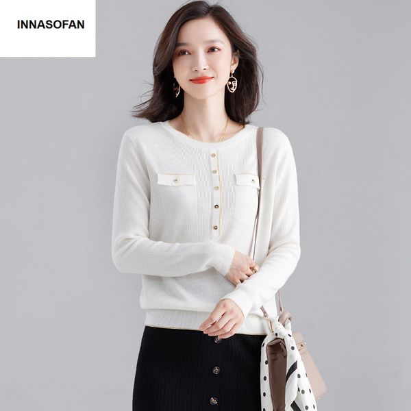 

innasofan sweater women autumn winter knitted long-sleeved sweater euro-american fashion chic elegant buttons, White;black