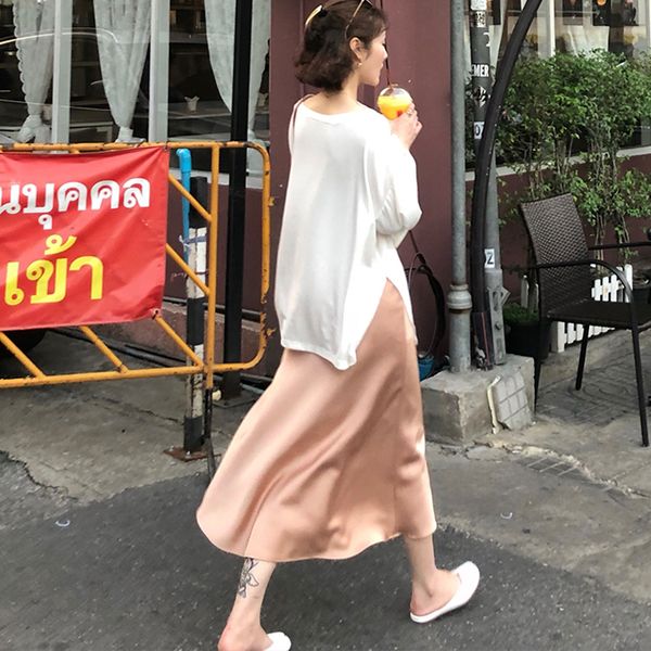 

high waist skirt satin elegant women pink casual a-line midi long skirts for women silk summer skirt 2019, Black