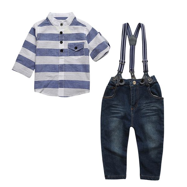 

striped baby boys clothes set fashion autumn children kids clothing suit long sleeve shirt +denim suspender trousers, White