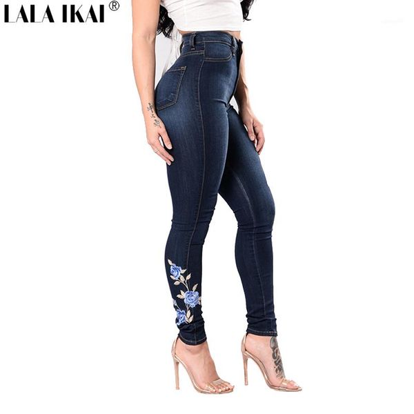 

lala ikai embroidery floral printed jeans women high waist full length denim pants ladies zipper pocket skinny jeans kwa0242-51, Blue