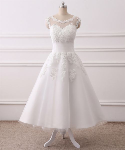 

setwell white ivory scoop sheer neck a-line wedding dress sleeveless knee-length pleated lace tulle bridal gown