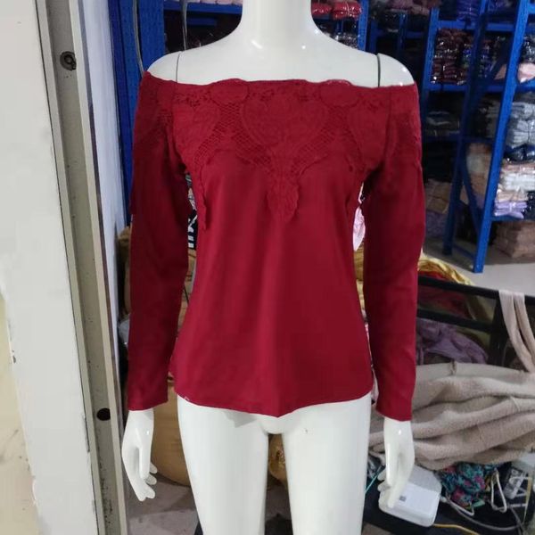 

summer lace shirt women white slash neck long sleeve hollow tee shirt blouse skinny shirt