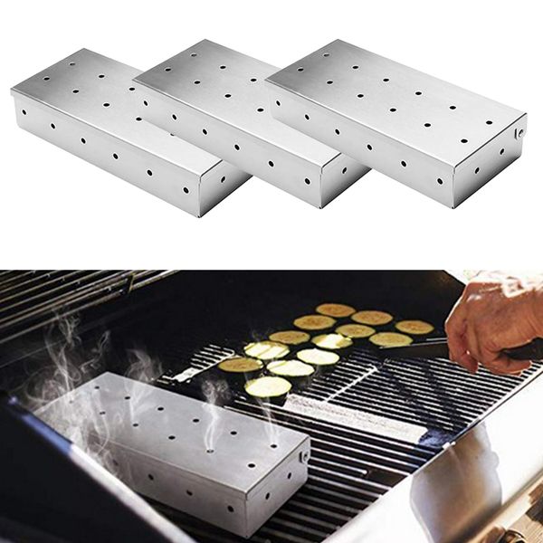 

3pcs stainless steel meat smoking smoker box for bbq wood chips,barbecue grilling accessories,won't warp