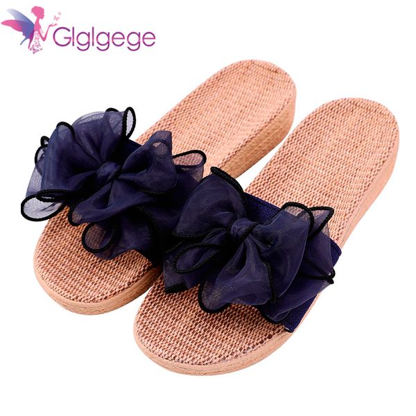 

glgl 2020 new eva stripes bow home slippers thick cotton indoor shoes japanese style linen slippers women flip flops shoes women, Black