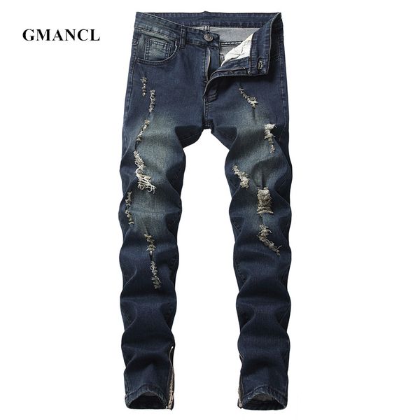 

new men dark blue & black vintage holes biker jeans streetwear hip hop ripped destroyed motorcycle men high stretch denim pants