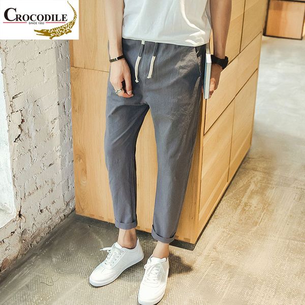 

крокодил бренд мужские льняные брюки высокое качество лодыжки длина льняные укороченные брюки мужские бегуны повседневные брюки карандаш хло, Black