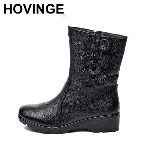 

hovinge fashion women snow boots winter thick plush warm wedge mid calf boots side zipper sweet flowers winter mother, Black