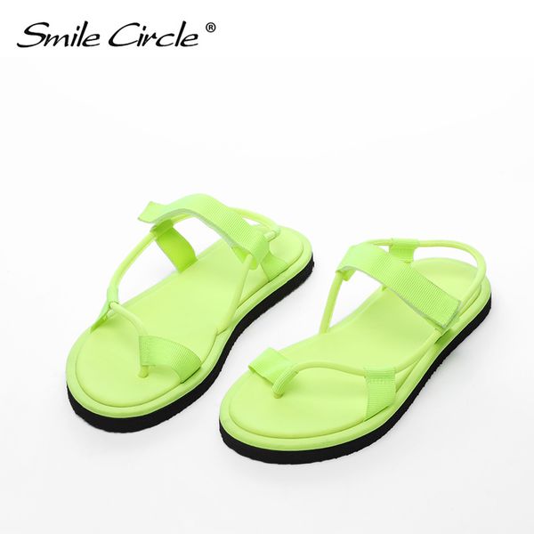 

smile circle 2020 summer sandals female flat shoes fashion simple casual sandals student ladies shoes fluorescent color, Black