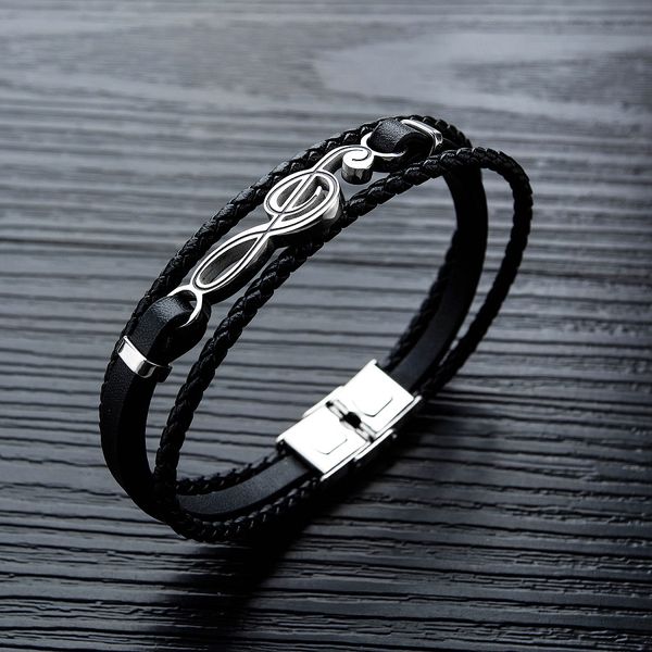 

mens black charm leather bracelet clasp fashion braided bracelets music note design hip hop jewelry punk men handmade bracelet for gift, Golden;silver