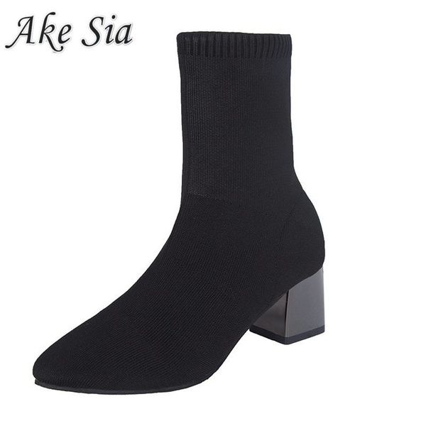 

small booties female winter 2019 new square heel knitted high heel boots female suede square head comfortable set of boots mujer, Black