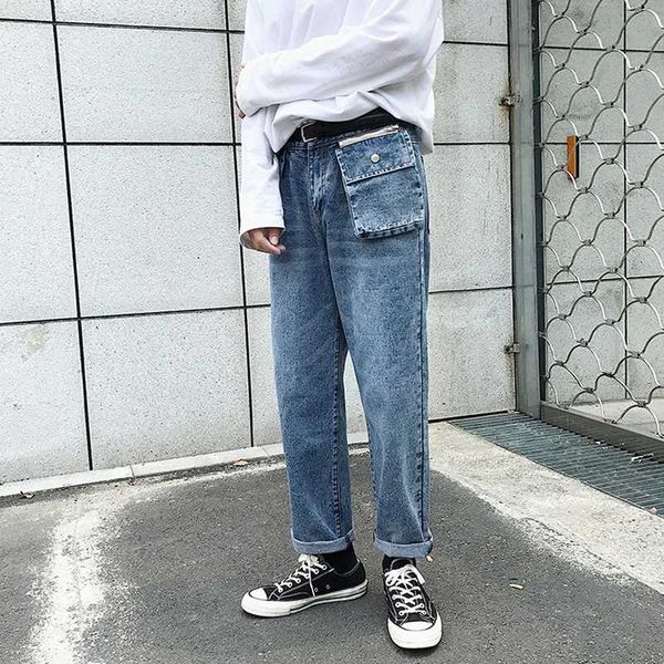 

2020 джинсы мужские мульти-карман улица одежды прямо высокого качества джинсы брюки мужские свободные корейский моды случайные синий, Blue