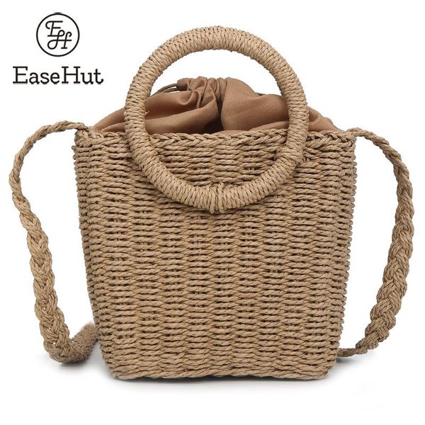 

easehut straw woven bag 2019 new fashion women handmade drawstring bag round rattan shoulder crossbody bags bohemia beach tote