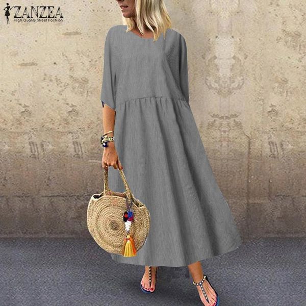 

2019 summer cotton linen long maxi dress zanzea women casual loose striped vestidos elegant party robe femme beach sundress 5xl, Black;gray