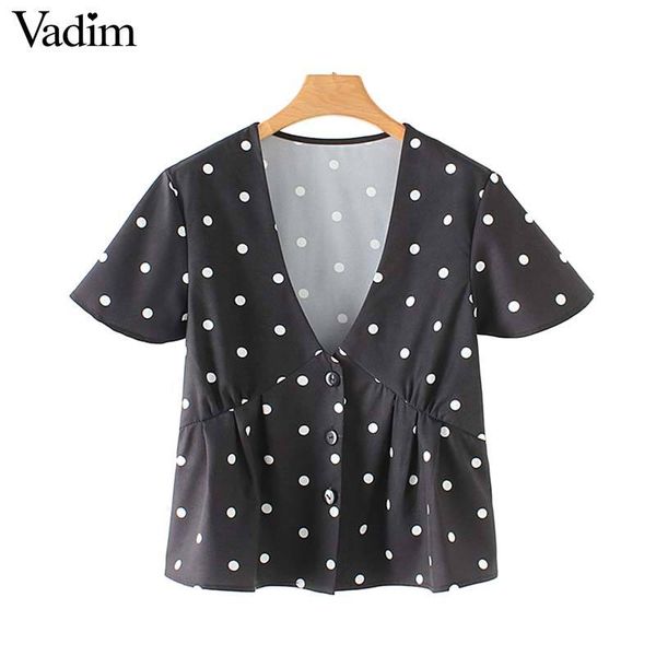 

vadim women polka dot print blouse deep v neck button short sleeve pleated cute female casual chic blusas da311, White
