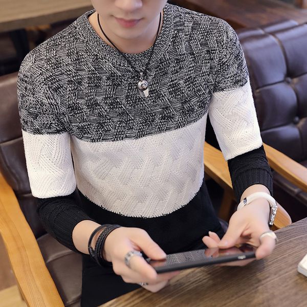 

fall 2019 men's round neck color matching sweater youth long sleeve sweater jacket tide, White;black