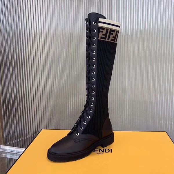 

2019 new autumn and winter leather stitching high boots women's straps wild socks boots flat knit elastic boots, Black